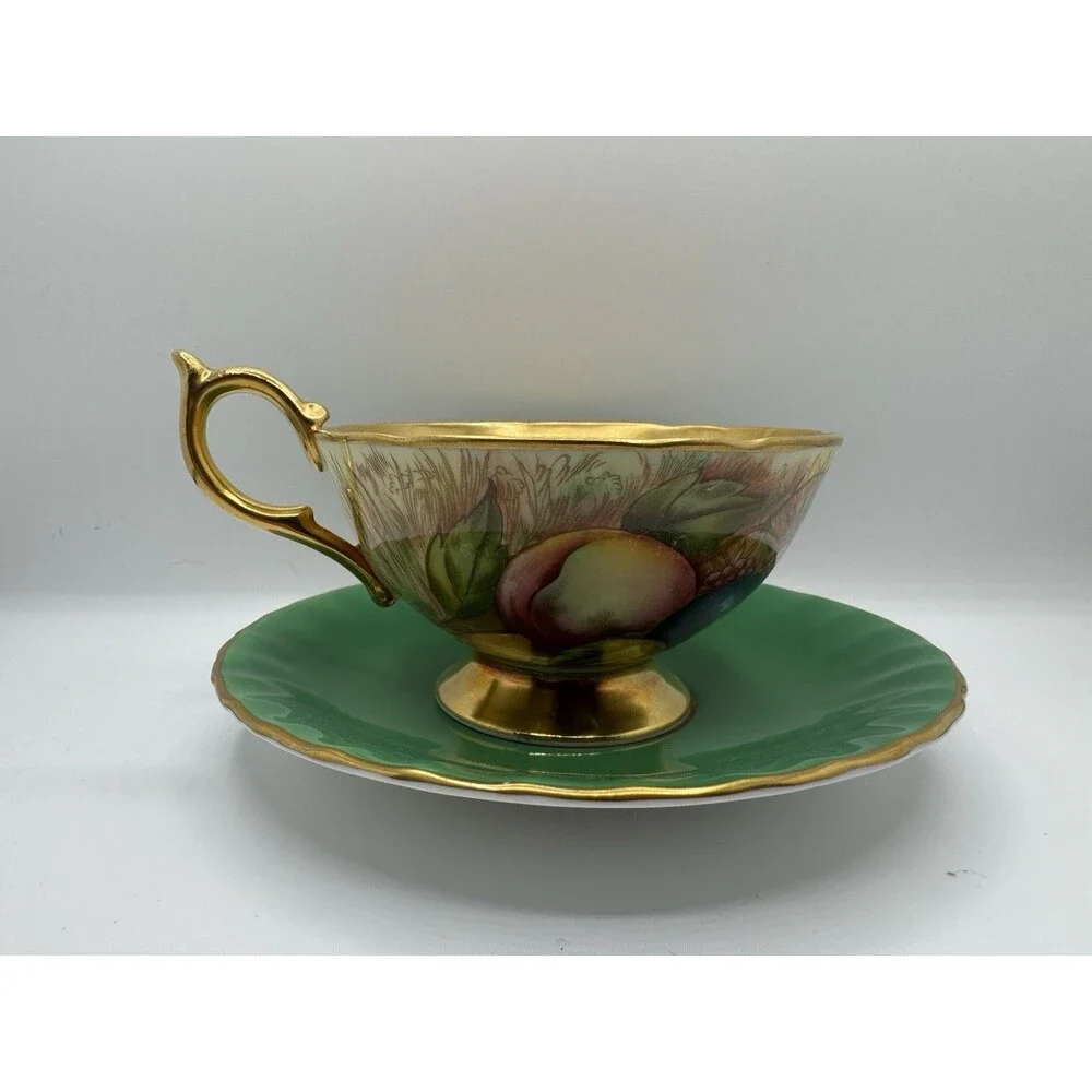 Aynsley England Bone China Fruit Tea Cup & Saucer Set, Green/Gold, 2-Piece